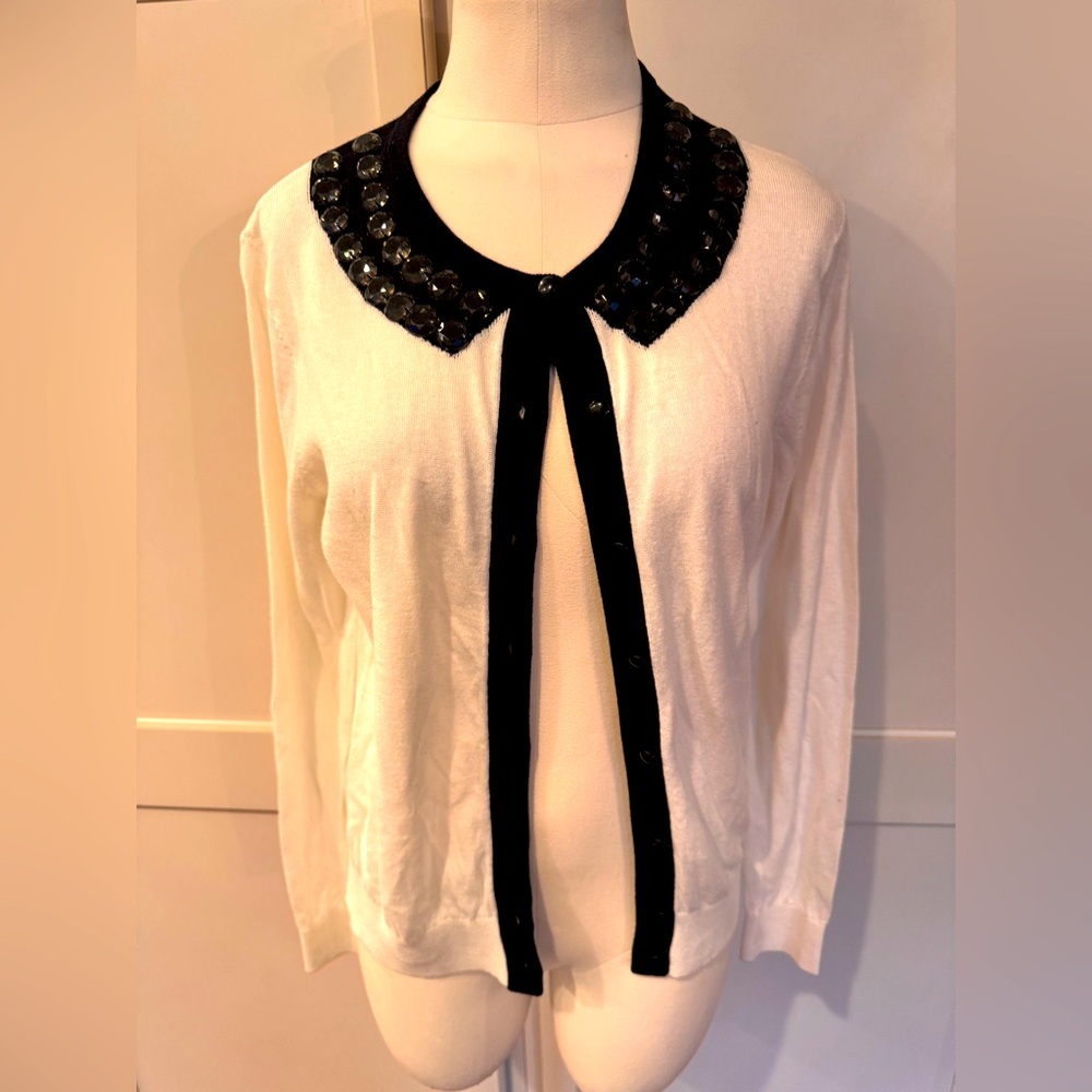 Chic White Cardigan with Black Sequin Collar
